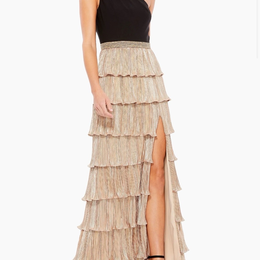 Mac Duggal Black and Gold leena Mixed-Media Tiered A-Line Gown